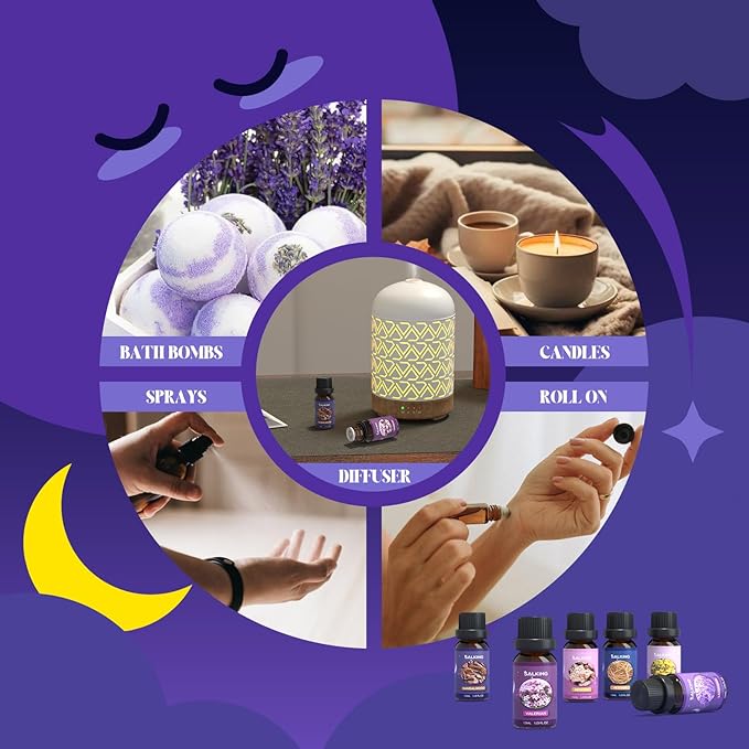SALKING Sleep Essential Oils Set, Pure and Natural Essential Oils, Fragrance Oil Scented Oils for Oil Diffusers 6 x 10 ML - Lavender, Vetiver, Sandalwood, Valerian, Helichrysum, Benzoin…