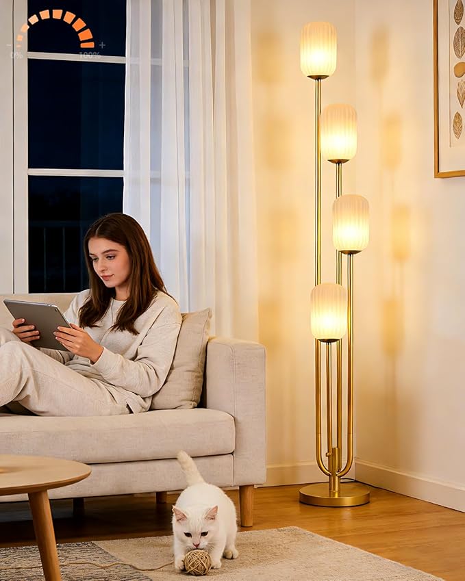 Lightdot Gold Floor Lamp 4-Lights Dimmable Floor Lamps with Cylinder-Shaped Lampshade 3000K Bulbs Included Unique Modern Standing Tall Lamp for Living Room/Bedroom/Sofa Beside/Corner Decor