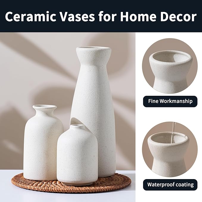 Ceramic Small Vase Set of 3,Modern Boho Farmhouse Home Decor,Pampas Grass Vase,Minimalist Decor,for Entryway Table,Bookshelf,Living Room, Bedroom,Kitchen,Coffee Table Decoration (White)