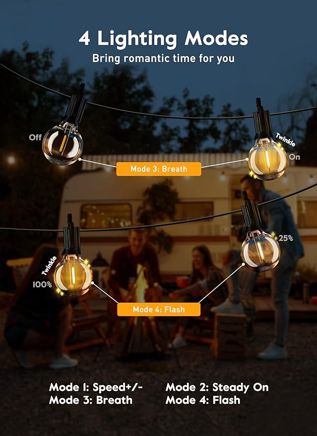 Brightown Led String Lights Outdoor 108Ft(98+10) with Remote, Patio String Lights for Outside with 52 Shatterproof Bulbs(2 Spare), Waterproof Hanging Lights for Backyard Bistro Party Cafe, E12 Socket