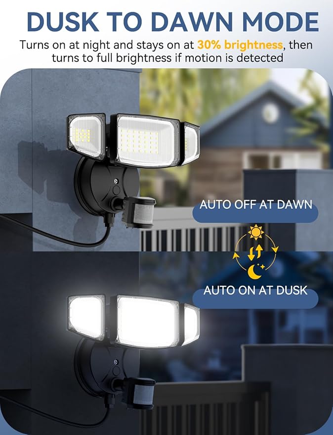 Olafus 50W Motion Sensor Outdoor Light Plug in, Motion Flood Light Dusk to Dawn, 5000LM LED Security Light IP65 Waterproof, Motion Activated 6500K PIR Sensor Lighting for Garage Yard Patio Eave, Black