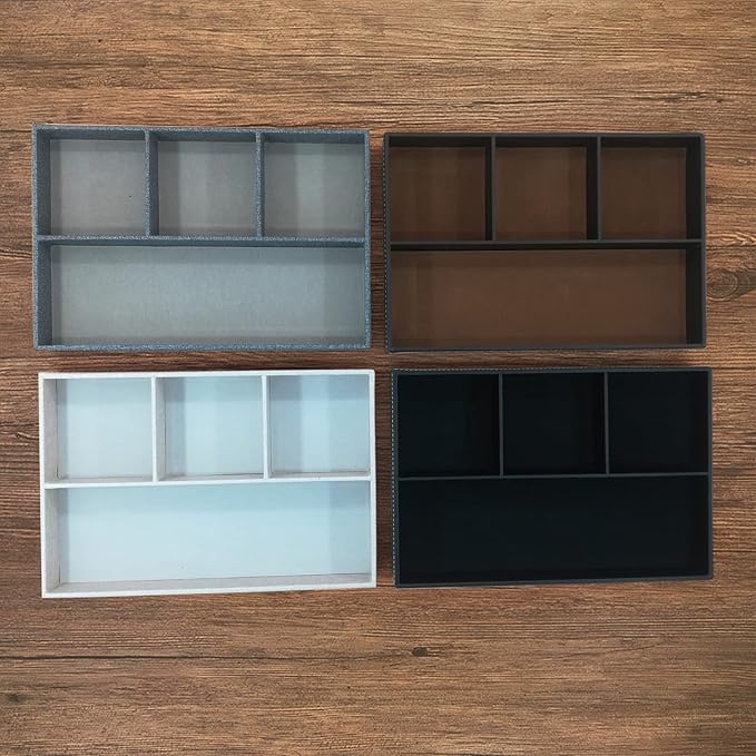 Desktop PU Leather Storage Rack, Proxy Parking tray, Dressing table Desktop Organizer, with 4 Compartments for Placing Mobile Phones, Remote controls, Cosmetics, Watches, and other Decorative trays.
