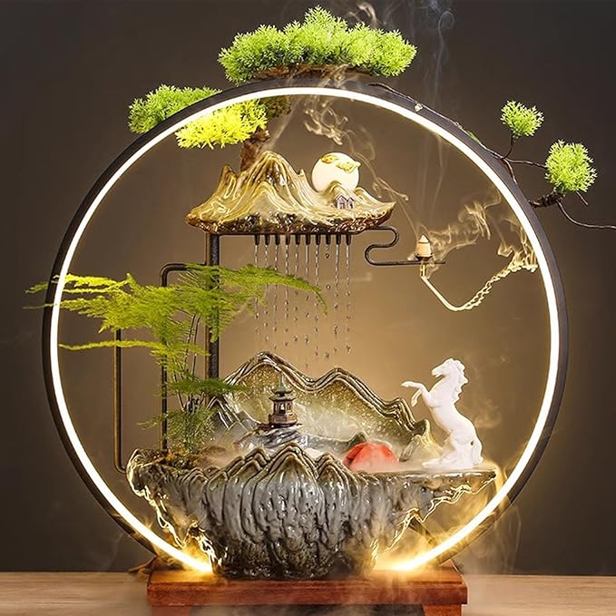 LED Halo Reflux I, Ceramic Zen Ornament with Rain Curtain Flowing Water Waterfall I Sitting, Suitable for Home Office Yoga Meditation Use
