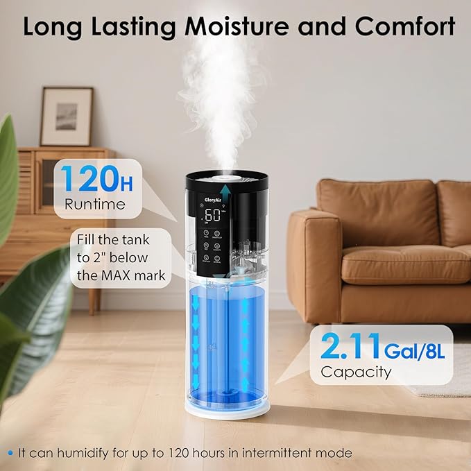 Humidifiers for Large Room 550 ft² - GloryAir 8L Cool Mist Humidifier for Bedroom Home Plants Baby, Top Fill, 120H Runtime, 4 Mist Spray Levels, 7-Color Light, 35dB Quiet Humidifier