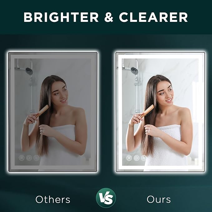 LED Bathroom Mirror 24"x 32" with Stepless Dimmable Wall Mirrors with Anti-Fog, Dimmable CRI>90, Vanity Mirror with 3 Color Modes, Shatter-Proof, Memory Bathroom Mirror with LED Lights