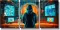 Bedroom Wall Decor 3 Panel Anonymous Hacker Standing in Server Room Print on Canvas for Living Room Bedrooms Wall Decorations, Wooden Framed Gallery-Wrapped Ready to Hang 12x16inchx3