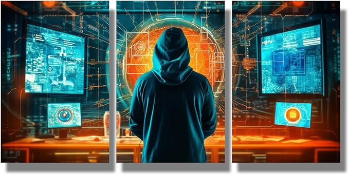 Bedroom Wall Decor 3 Panel Anonymous Hacker Standing in Server Room Print on Canvas for Living Room Bedrooms Wall Decorations, Wooden Framed Gallery-Wrapped Ready to Hang 12x16inchx3