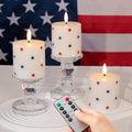 4th of July Flameless Pillar Candles with Red White and Blue Star Stickers, Battery Operated LED Pillar Candles with Remote and Timer, Real Wax Patriotic Candle Set of 3