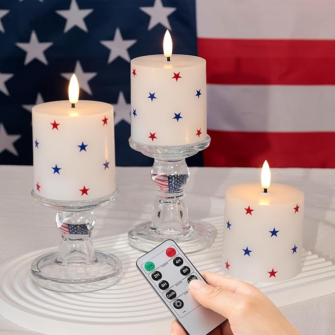 4th of July Flameless Pillar Candles with Red White and Blue Star Stickers, Battery Operated LED Pillar Candles with Remote and Timer, Real Wax Patriotic Candle Set of 3