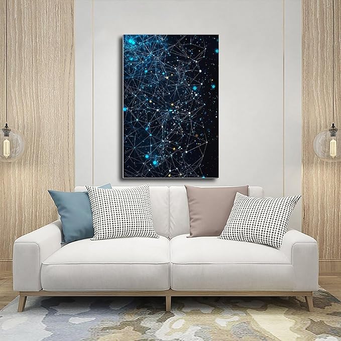 Modern Futuristic Abstract Tech Network Wall Art, Intricate Geometric Lines And Grids, Cool Blue And Neon Cyan Home Decor Canvas Poster Wall Art Bedroom Decor Office Room Kitchen Decor Gift 08x12inch