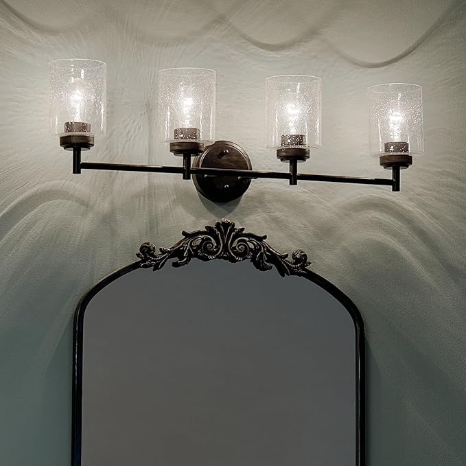 Kichler Winslow 30" 4-Light Vanity Light in a Rich Black with Clear Seeded Glass for Bathroom and Powder Room Vanity, Luxe Industrial Style, (30" x 9.25"), 45887BK