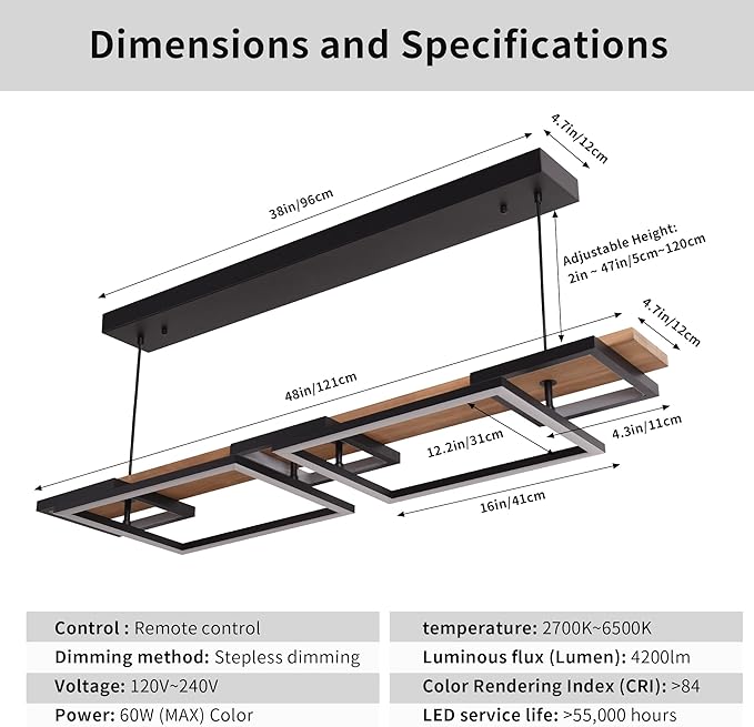 Vintage Wood LED Kitchen Island Light, 65W Stepless CCT Adjustable & Dimmable 47'' 2-Layer Wood Pendant Light Fixture with Remote, Ceiling Mounted Hanging Lamp for Dining Room, Bedroom，Black