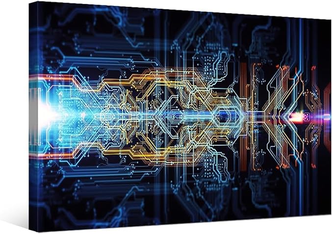 Abstract Technological Background Canvas Wall Art for Living Room Circuit Board Wall Painting Electronic PC Picture for Office Home Wall Decorations Framed Wall Decor Ready to Hang 12X16 INCH