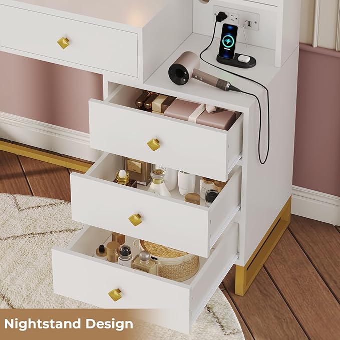 Tiptiper Makeup Vanity with Lights & Charging Station, Large Vanity Desk with Mirror and Lights, Makeup Table with 5 Drawers & Shelves, White and Gold