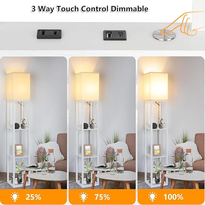 FOLKSMATE Touch Control Shelf Floor Lamp, Modern Dimmable LED Standing Lamps with Shelves, Charging USB Ports, Type C Port and Power Outlet, Wood Tall Light for Living Room, Bedroom, Bedside，White