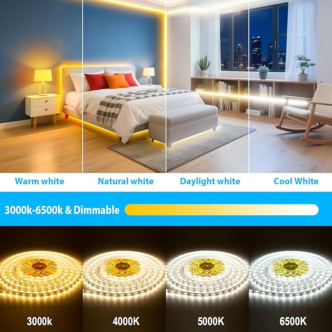 White LED Strip Lights 3000K-6500K 23ft Dimmable, Smart Strip Light Alexa Compatible, 24V WiFi Flexible Tape LED with APP & RF Remote, Cabinet Lighting Self-Adhesive for Room, Kitchen