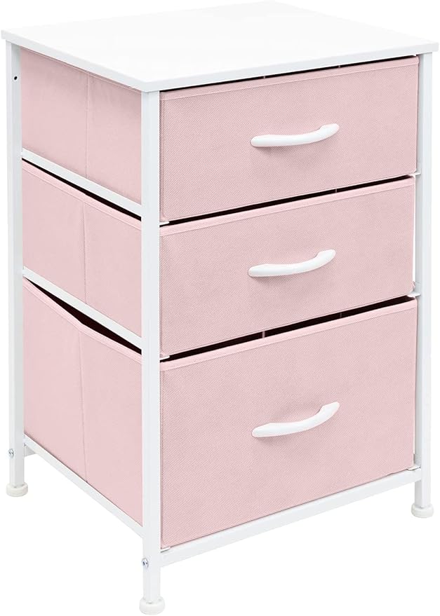 Sorbus Nightstand with 3 Drawers - Furniture Storage Chest Tower Unit for Bedroom, Hallway, Closet, Office Organization - Steel Frame, Wood Top, Pastel Fabric Bin (Pink)