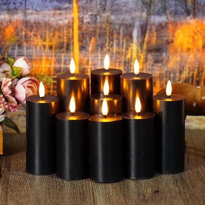 Flameless Candles Real Wax Realistic Pillar Candles, 9 Packs Battery Operated LED Candles with Remote Timer, Ideal for Halloween Home Decor（D 1.6"*H 4" 4.5" 5.5" ）