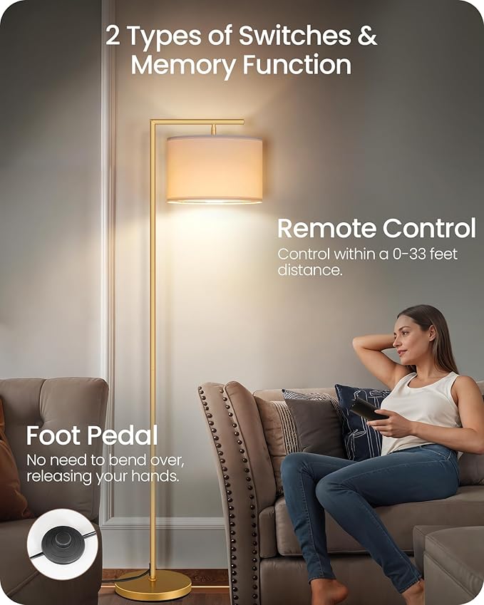 Gold Dimmable Floor Lamp, Modern Arc Lamp with Remote, Standing Corner Light with Lampshade, Tall Reading Lighting for Bedroom, Living Room, Office, Den, White, LED Bulb Included, DW11LD05