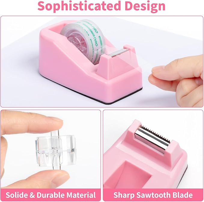 Pink Office Desk Accessories and Organizers, Office Supplies for Desk for Women, Stapler, 1000 Staples, Staple Remover, Phone Holder, Tape Dispenser, Pen Holder, Sticky Note, Clips, Ruler, Etc