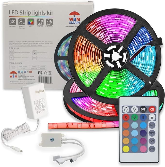 WBM SMART LED Strip Lights, LED Lights for Bedroom, 32 ft Long, 3M Strong Adhesive, Cutable LED Lights with IR Remote Controller