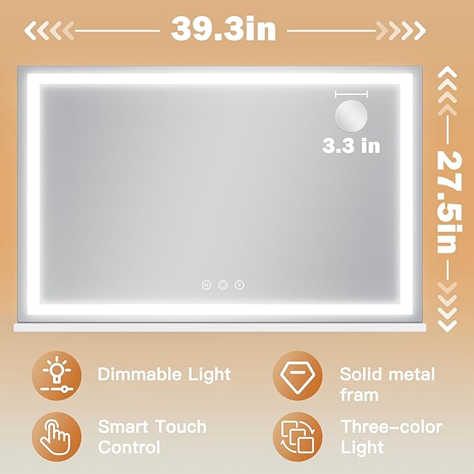 ROLOVE 39" x 28" Extra Large Vanity Mirror with Lights, Lighted Makeup Mirror with USB Charging Port & 10X Magnifier, 3 Color Dimmable Smart Touch, Wall Mounted or Tabletop Desk Mirror, White