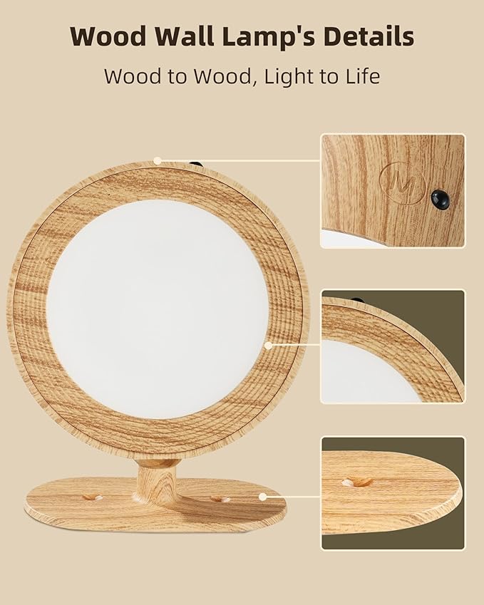 LED Wall Mounted Lights, Rechargeable Wall Sconces Lamp, 3 Color Temps & Remote and Touch, 360°Rotation Dimmable Cordless Wall Light for Study Bedroom Reading Bedside(Wood, 1 Pack)