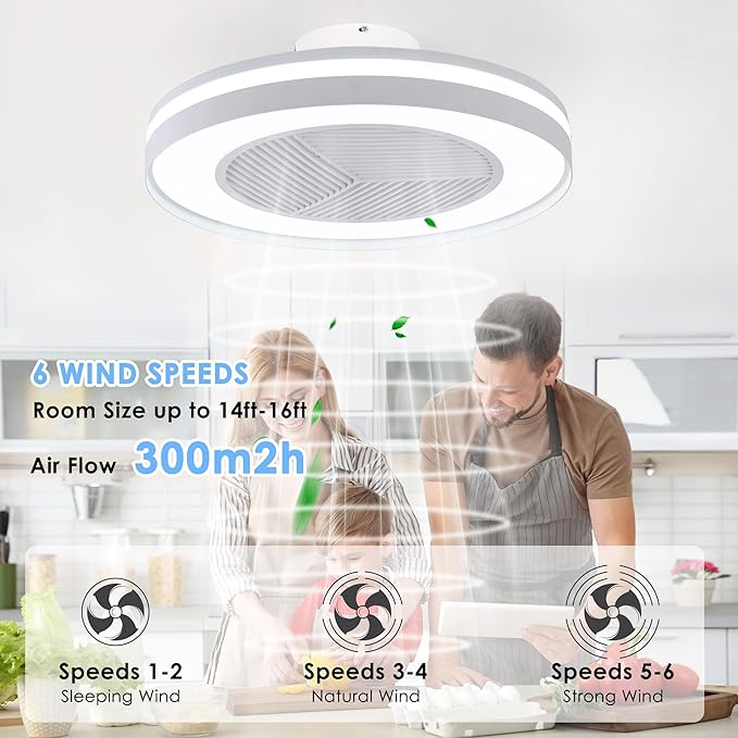 Smart Low Profle Ceiling Fans with 3-Dimmable Light Remote/APP Control, 20" Bladeless Ceiling Fans with 6 Speeds, Timer, Quiet DC Motor, Ceiling Fan with Light for Kids Bedroom/Living Room