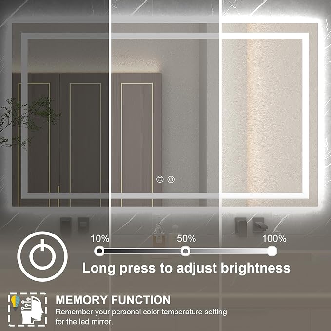 LED Mirror for Bathroom 48x28 Lighted Bathroom Vanity Mirrors with Lights, Brighter Frontlit and Backlit Anti-Fog Mirror, Tempered Glass, Dimmable 3 Colors Light Modes, Memory Function