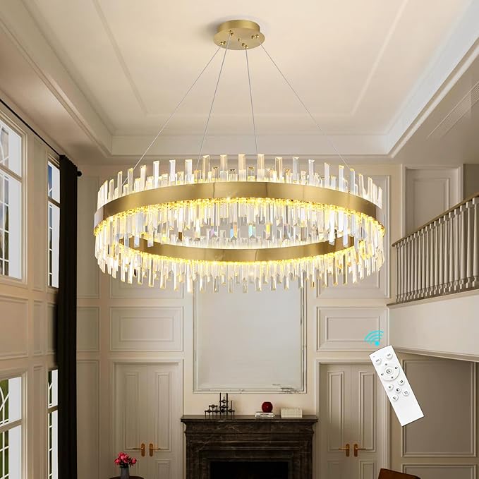 Glam Crystal Chandelier Large Ring Chandeliers with Remote Dimmable LED Light Adjustable Hanging Lights Luxury Ceiling Pendant Lighting Fixtures for Living Dining Bedroom Foyer Gold Light