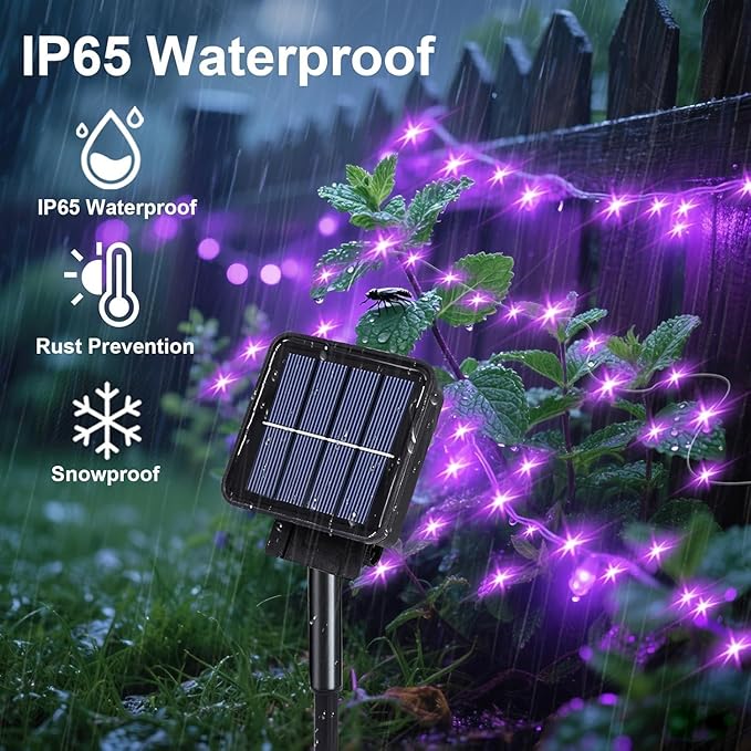 VOOKRY 10 Strands 200 LEDs Solar Fairy Lights Outdoor Waterproof, Solar Powered String Lights 8 Modes DIY Watering Can Lights for Party Wedding Patio Yard Garden Tree Decorations(Purple)