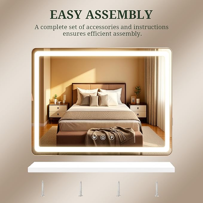 Vanity Mirror with Lights, LED Makeup Mirror with 3-Color Dimmable Lighting, Smart Touch Control, Memory Function, Tabletop Lighted Mirror for Bedroom, Dressing Room