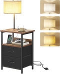 Fixwal Bedside Table with 3 Color Temperature Reading Light, Nightstand with LED Light & Charging Station End Table with Adjustable Fabric Drawer for Bedroom, Dorm, Rustic Brown