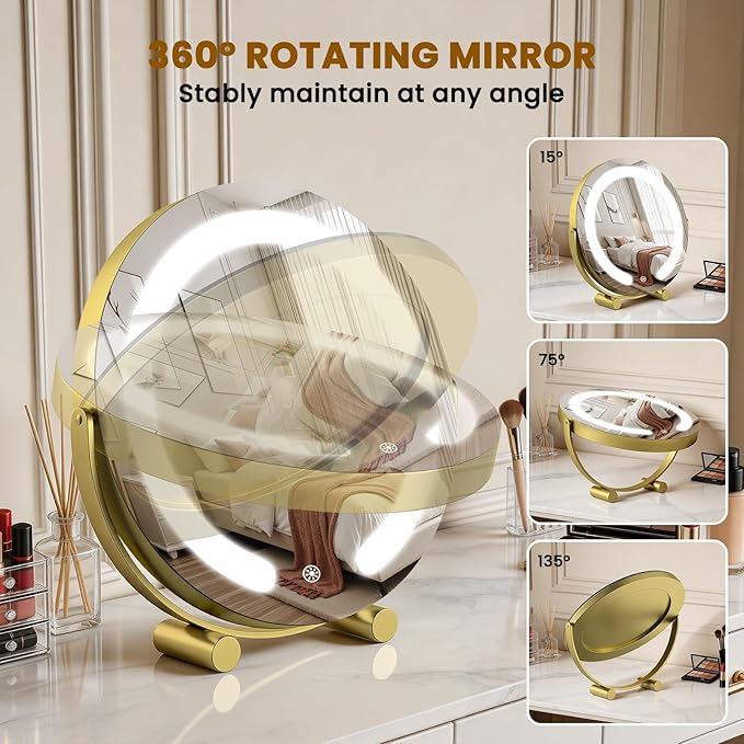 Vanity Mirror with Lights, 12" LED Makeup Mirror, HD Professional Mirror, Smart Touch with 3-Color Lighting, Dimmable, 360° Rotation, Lighted Up for Makeup Desk, Bedroom (Gold)