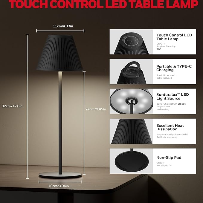 Honeywell M1 Cordless Small Table Lamp Rechargeable, 5200mAh Battery Operated LED Table Lamp, 4 Color 9RGB Stepless Dimmable Touch Control Night Light for Bedroom Restaurant Bedside (2, Black)