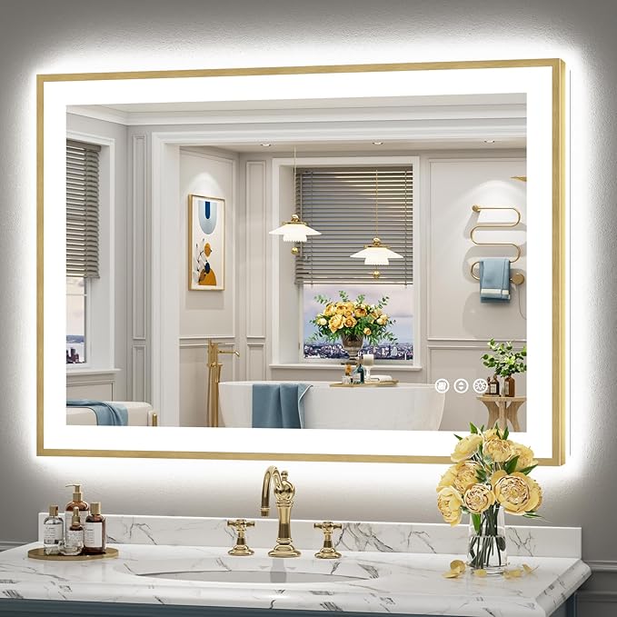44x32 Gold LED Bathroom Mirror with Lights, Brushed Gold Framed Backlit and Front Lit Anti-Fog Lighted Vanity Mirrors for Bathroom Wall, Dimmable, 3 Colors, Memory, HD Tempered Glass, CRI＞90