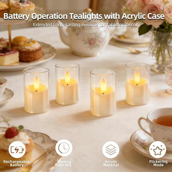 Rechargeable Small Tea Light Candles, Acrylic Votive Flameless Candles 1.7" x2.5"with Remote Control and Timer, Flickering Warm LED Light, Safe for Home, Parties, and Holidays (Set of 6, White)