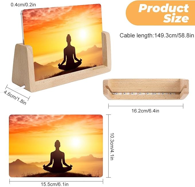 Night Light Acrylic Night Lights with USB Cables Yoga Meditation Acrylic Display Boards with Wooden Light Base Dimmable Night Lights for Home Bar Cafe Office 10.3x15.5cm