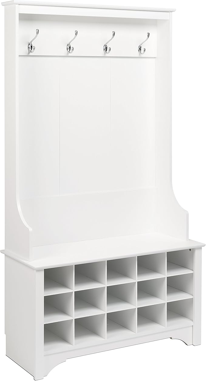 Prepac Entryway Organizer, Coat Rack, Hall Tree features 4 Hooks for Coat Storage, & Hanging Bags; Furniture for Entryway with Bench & 15 Cubbies for Shoe Storage, 38” W x 68” H x 15.5” D, White