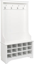 Prepac Entryway Organizer, Coat Rack, Hall Tree features 4 Hooks for Coat Storage, & Hanging Bags; Furniture for Entryway with Bench & 15 Cubbies for Shoe Storage, 38” W x 68” H x 15.5” D, White