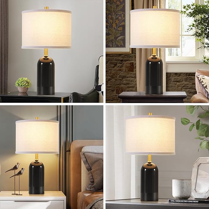 GyroVu Modern Ceramic Table lamp Set of 2, Black Bedside Lamp 21.5" Tall Nightstand Lamp End Table Lamps for Living Room Bedroom (Bulbs Included)