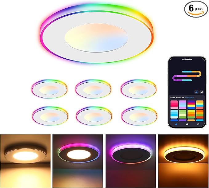 [6 Pack] CLOUDY BAY 3 Inch RGB Smart Recessed Lighting with Gradient Accent Light and Night Light,2700K~6500K,7W Recessed Lights Ultra-Thin Downlight Compatible with Alexa and Google Home Assistant