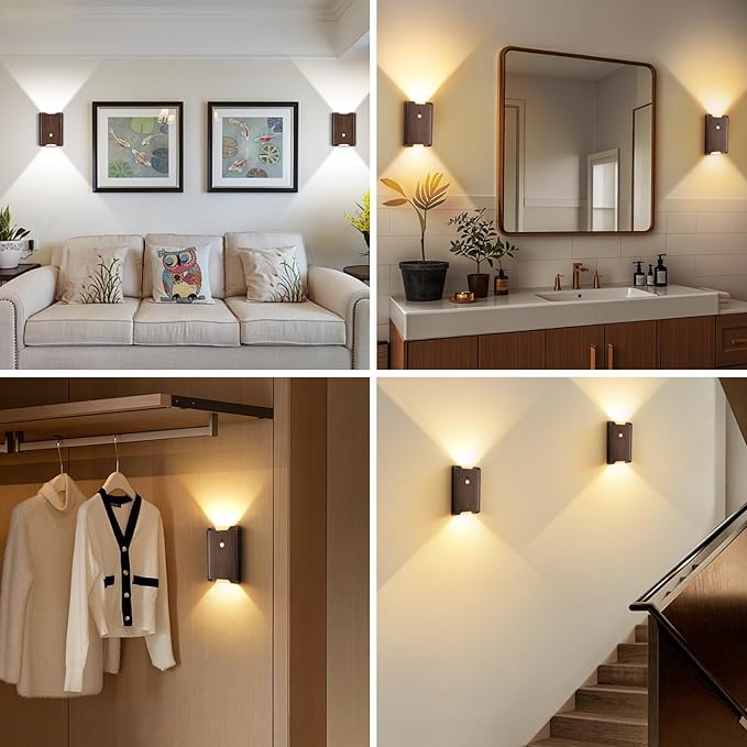 4 Pack Battery Powered Motion Sensor Wall Sconces: 5000mAh Rechargeable LED Wall Light with Remote, Magnetic Motion Sensored Stair Light Indoor Wireless Sconce for Hallway Bedroom Bedside, Walnut