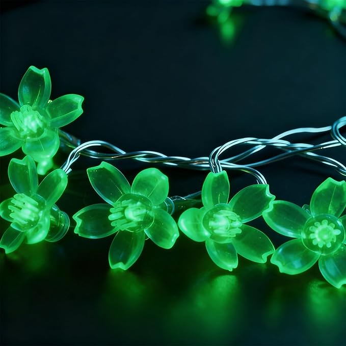 St. Patricks Day Flower String Lights, Decorative Green Cherry Blossom Floral Lamps Battery & USB Operated, 30 LED 10ft 8 Lighting Modes & Timer for Bedroom Classroom Christmas Party Decorations