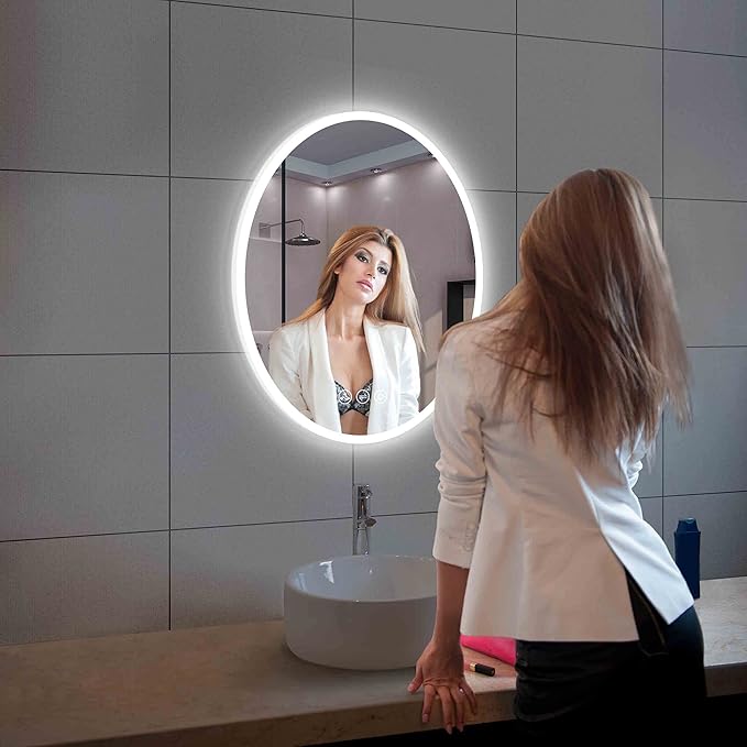 20x30 Inch Oval LED Lighted Makeup Mirror for Bathroom Vanity | LED Mirror for Bathroom with Fogless Waterproof Glass, 3 Color Dimmable | Wall Mounted LED Vanity Mirror | Smart Lighted Makeup Mirror