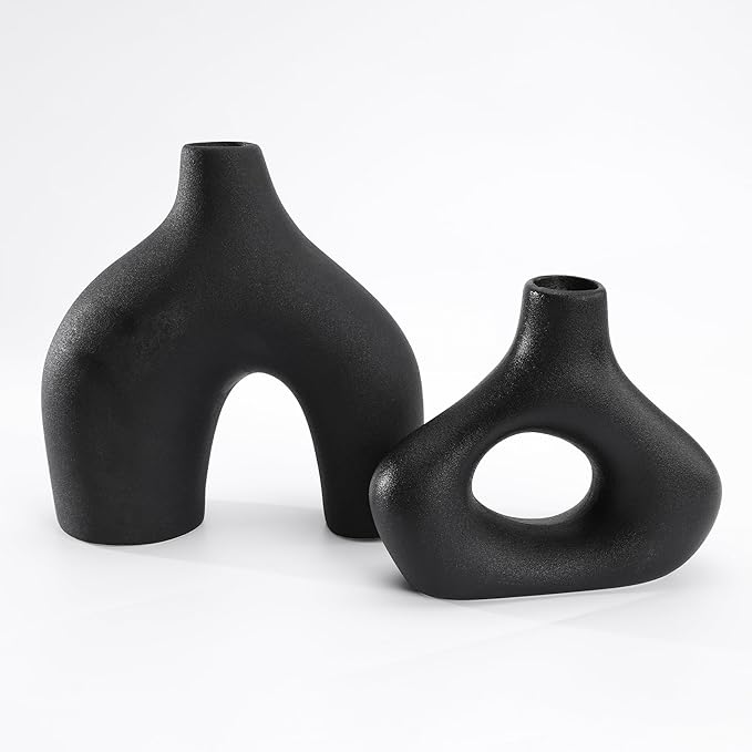 Modern Black Ceramic Vase Set of 2, Durable Donut Vases for Pampas Grass, Minimalist Industrial Boho Decorative Vases for Home Decor, Living Room, Farmhouse, Dining Table, Countertops, Shelf