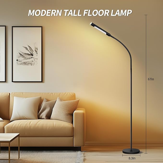 Floor Lamp with Remote, 67" Gooseneck Dimmable Standing Lamp, 3 Color Temperatures & 5 Brightness Levels, Modern Reading LED Light for Bedroom, Living Room, Office - Black
