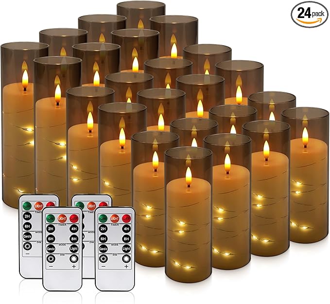24 Pack Christmas Decoration Flickering Flameless Candles,Battery Operated Candles,LED String Lights LED Candles for New Year, Home Decor, Parties,Wedding(D2.2 xH 5" 6" 7") (Grey)