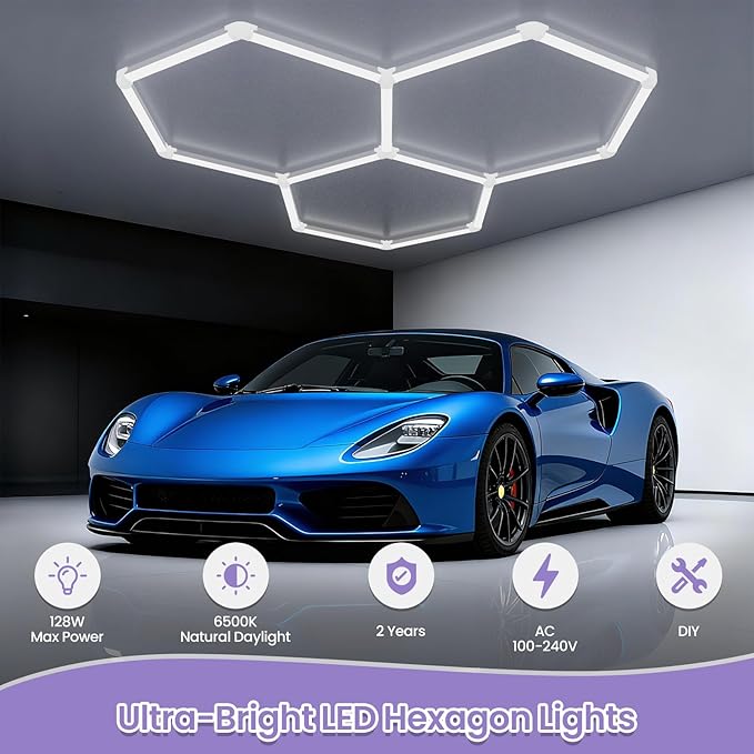 Hexagon Garage Lights - 3 Stage Dimmable Hexagon Lights, 6500K 17280LM Honeycomb Light for Car Ceiling Detailing Shop, Garage, Basement, Workshop, Warehouse, Gym, Barber, Auto Beauty Shop
