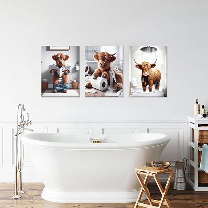 Funny Highland Cow Wall Art,Western Bathroom Decor Wall Art,Funny Bathroom Artwork Ready to Hang for Bedroom Restroom Toilet,12x16inchx3pcs,Framed